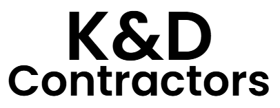 A black and white logo for k & d contractors on a white background.