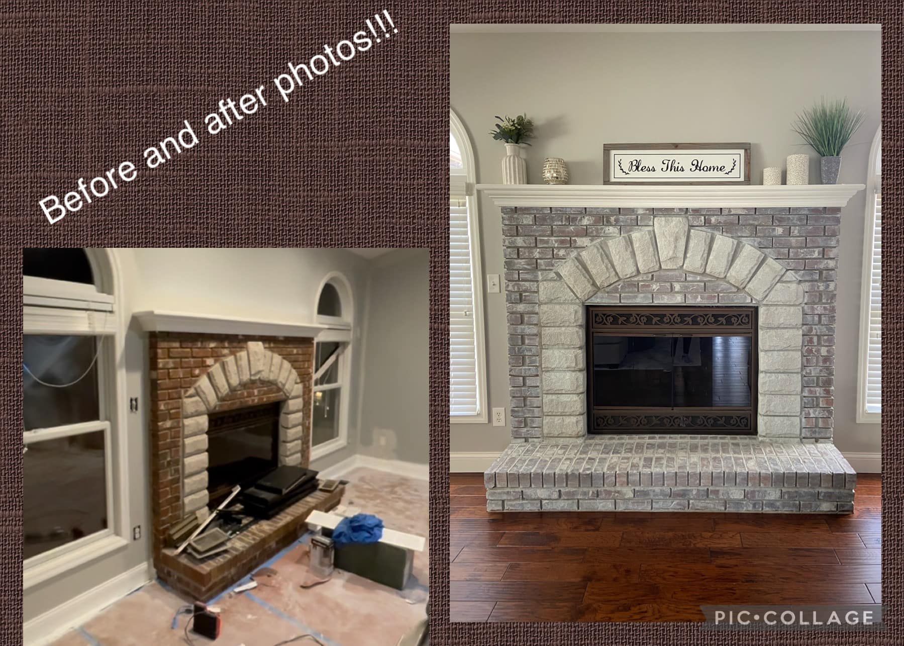 A before and after photo of a fireplace in a living room.