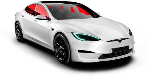 A white tesla model s with red windows 