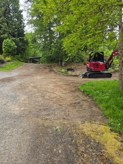 An excavator parked on a dirt path next to grassy area, near trees and a building in the distance.