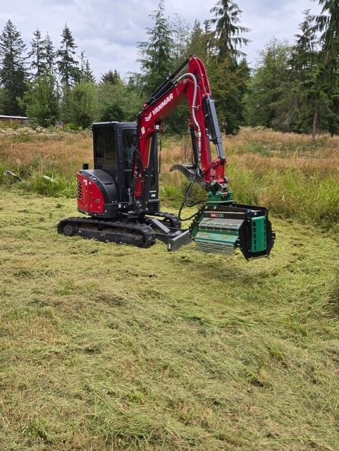 Red and black excavator with a mower attachment cutting grass in a field with trees.