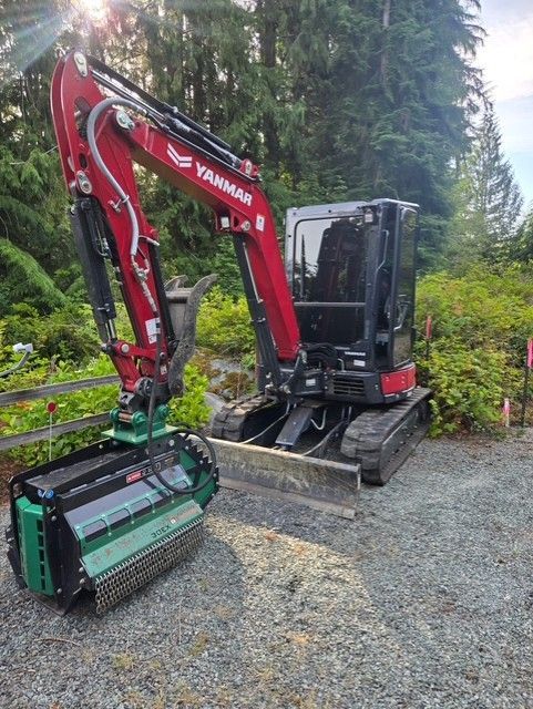 Red and black Yanmar excavator with brush cutter attachment, on gravel next to a wooded area.