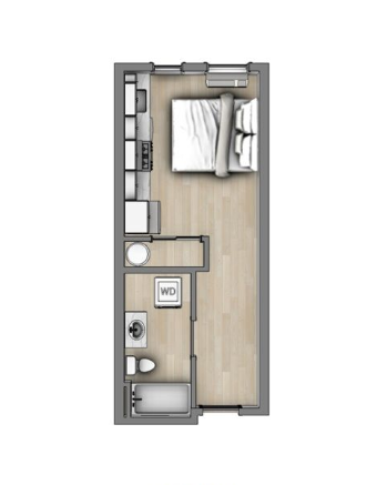 Studio apartment floor plan with bed, kitchenette, bathroom, and balcony layout