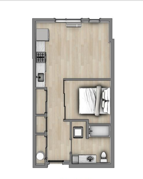 Floor plan of a small studio apartment labeled B1, showing kitchen, bath, and bed layout.