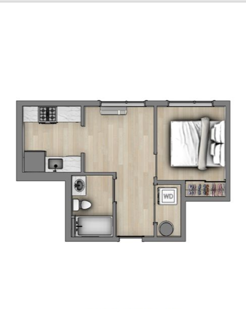Floor plan of a compact apartment, labeled C1, with one bedroom and open living area.