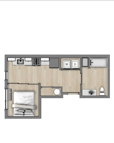 Apartment floor plan with one bedroom, living area, kitchen, and bath in a compact layout.