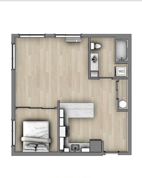 Small apartment floor plan with a bedroom, kitchen, and bathroom in light wood tones