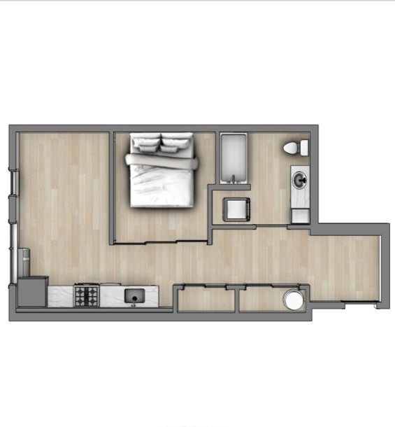 Apartment floor plan with one bedroom, bath, kitchen, and living area in beige and gray.