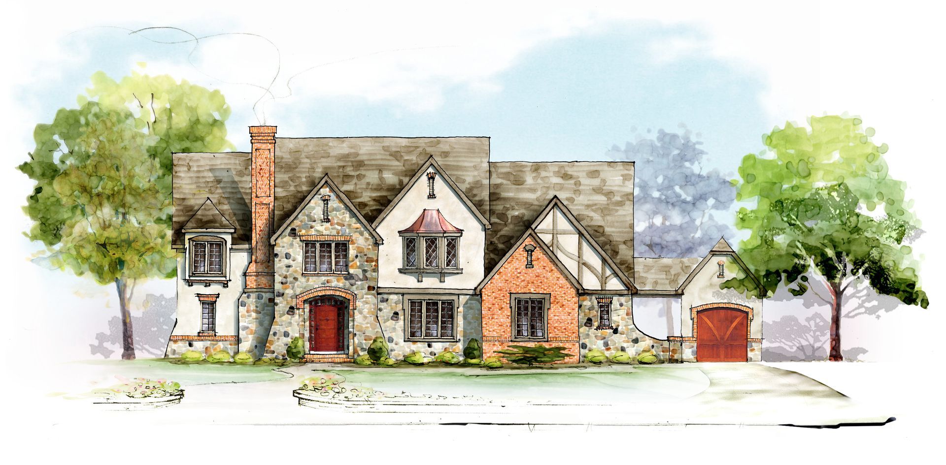 A drawing of a house with trees in front of it on a white background.