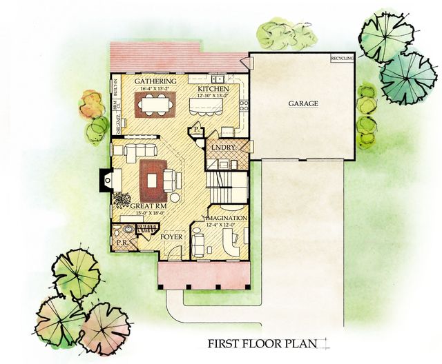 A first floor plan of a house with a garage