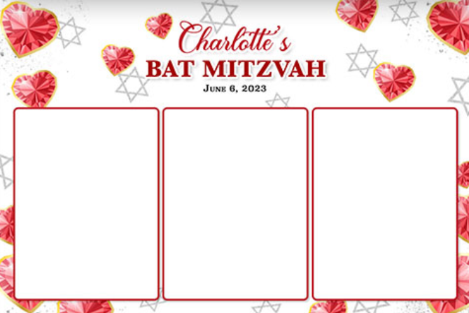 A picture frame for a bat mitzvah with red hearts and stars.