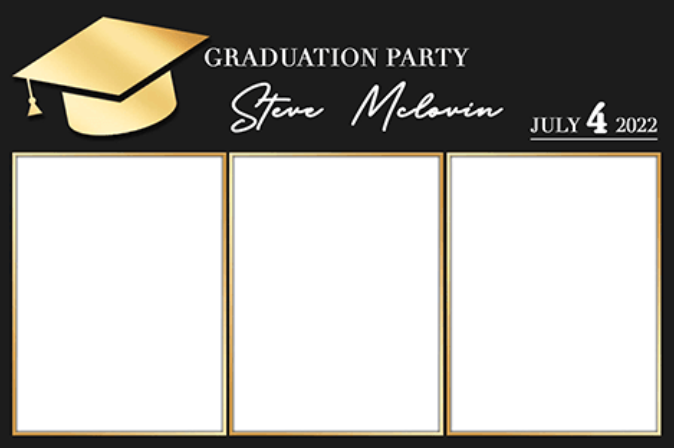 A graduation party invitation with a gold graduation cap on a black background.