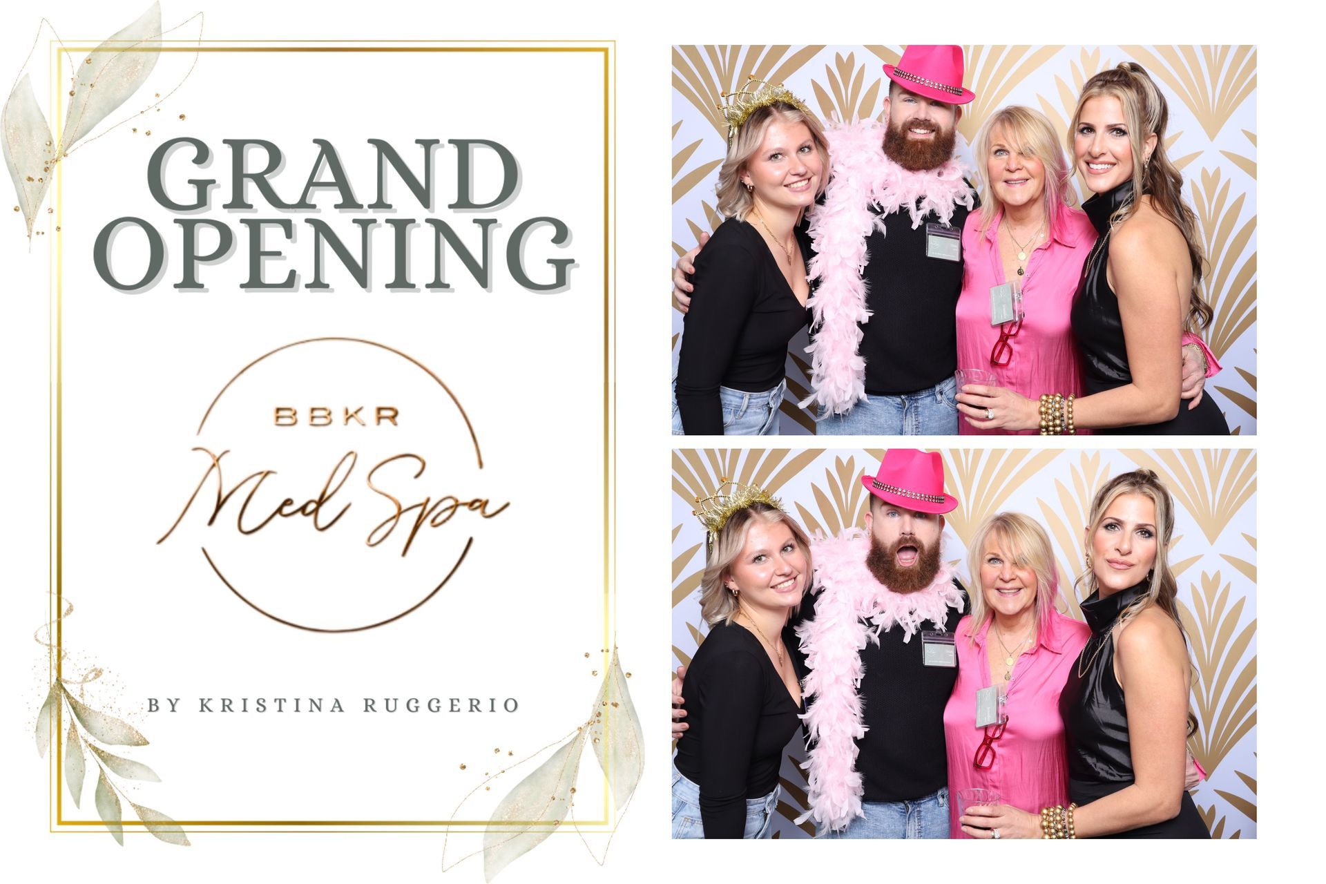 A group of people are posing for a picture in a photo booth at a grand opening.