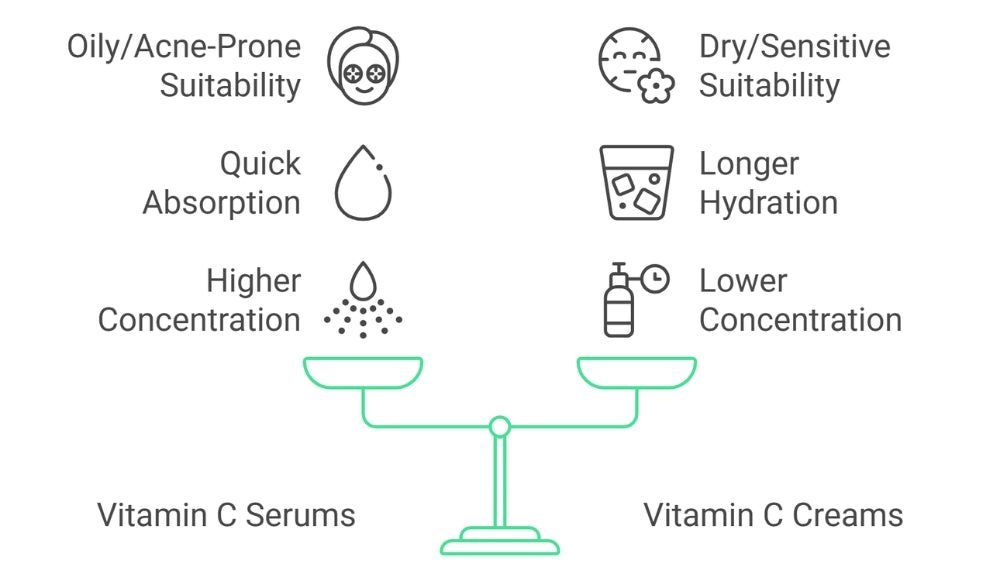 A diagram showing the difference between vitamin c serums and vitamin c creams.