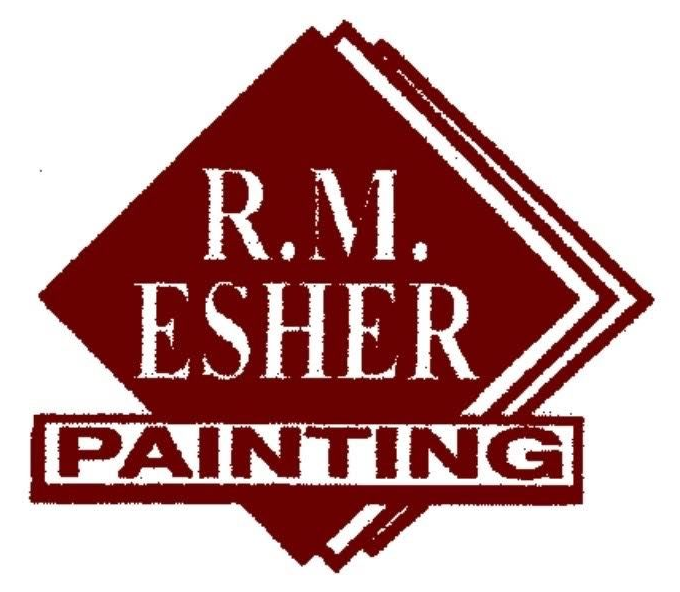 Logo for R.M. Esher Painting featuring white text inside a dark red diamond shape with an overlapping rectangular banner.