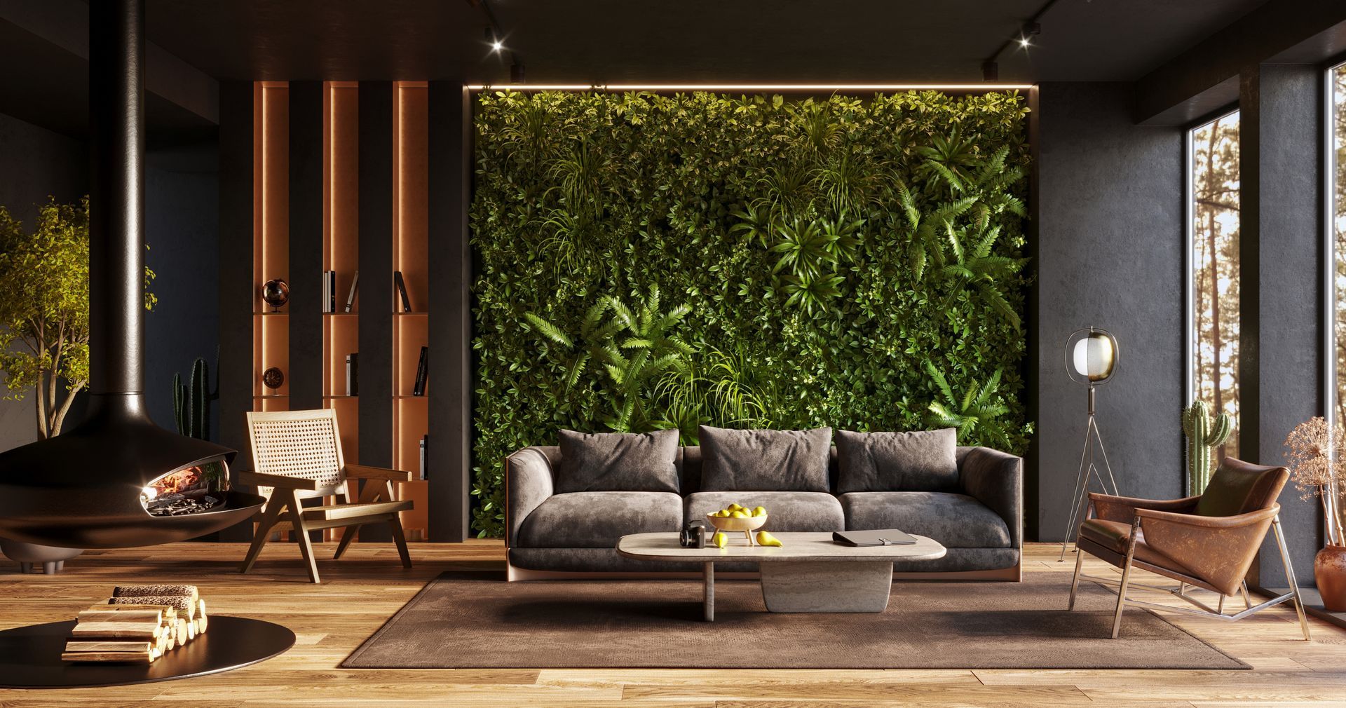 Modern living room with gray sofa, wooden chairs, and a large green plant wall behind floor-to-ceiling windows