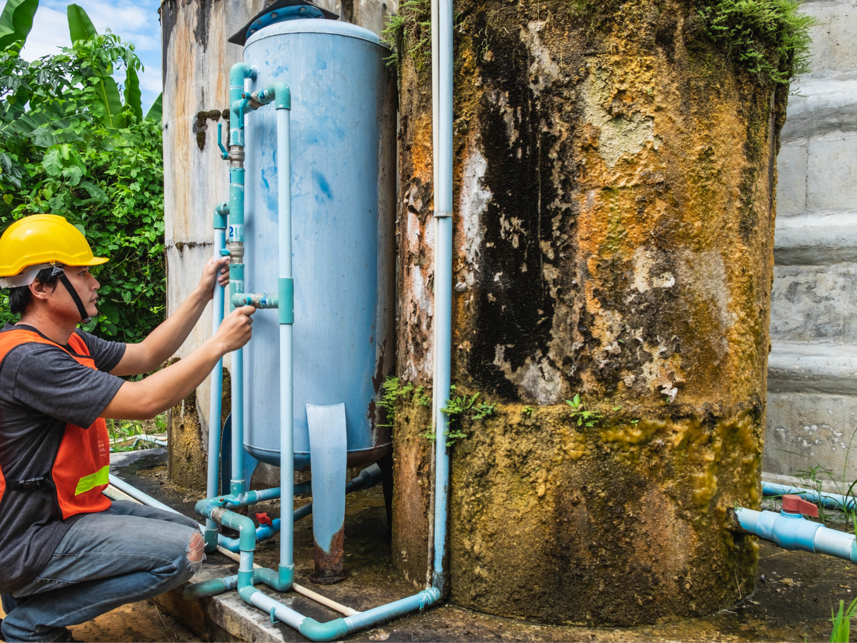 Man in safety gear adjusting plumbing on industrial tanks outdoors.