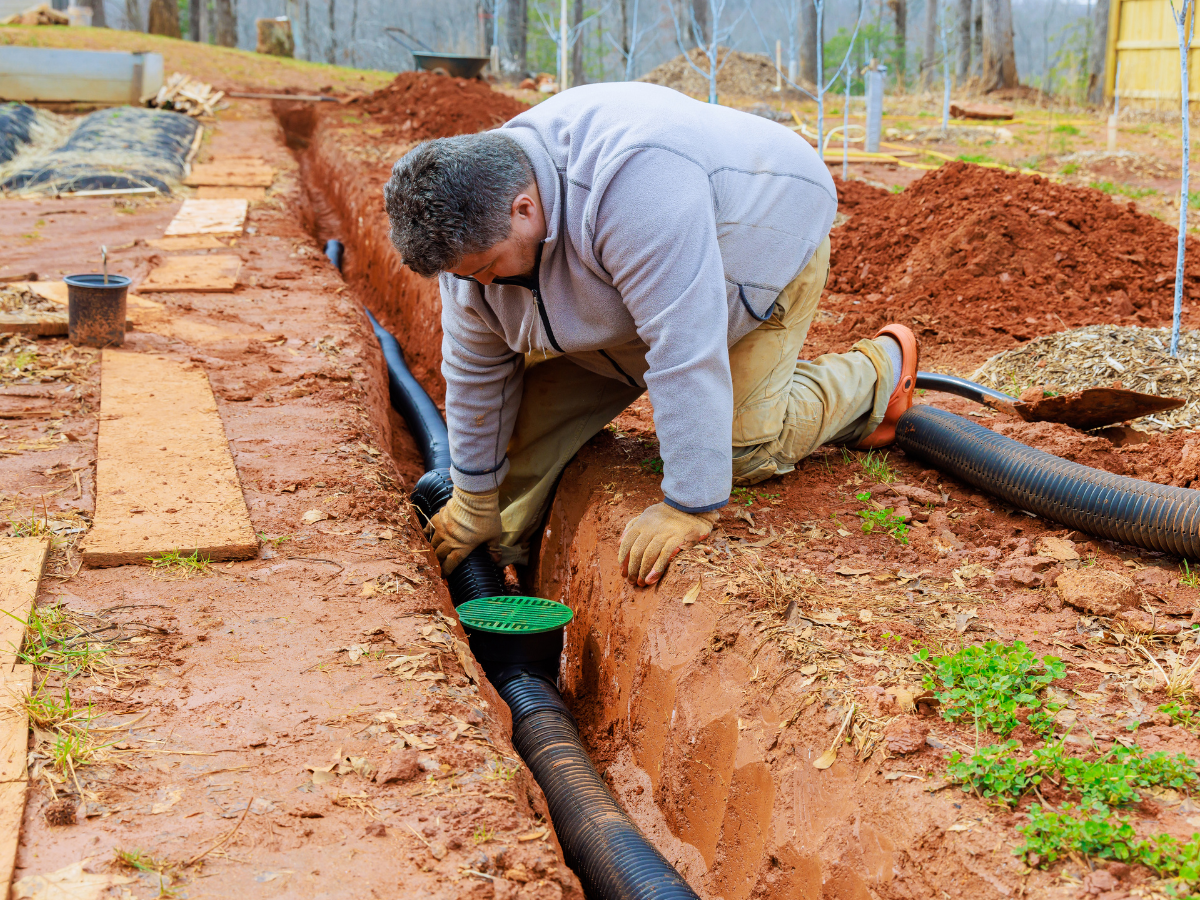 Man installing drainage pipe in a trench outdoors. Brown soil, black pipe, green cap.