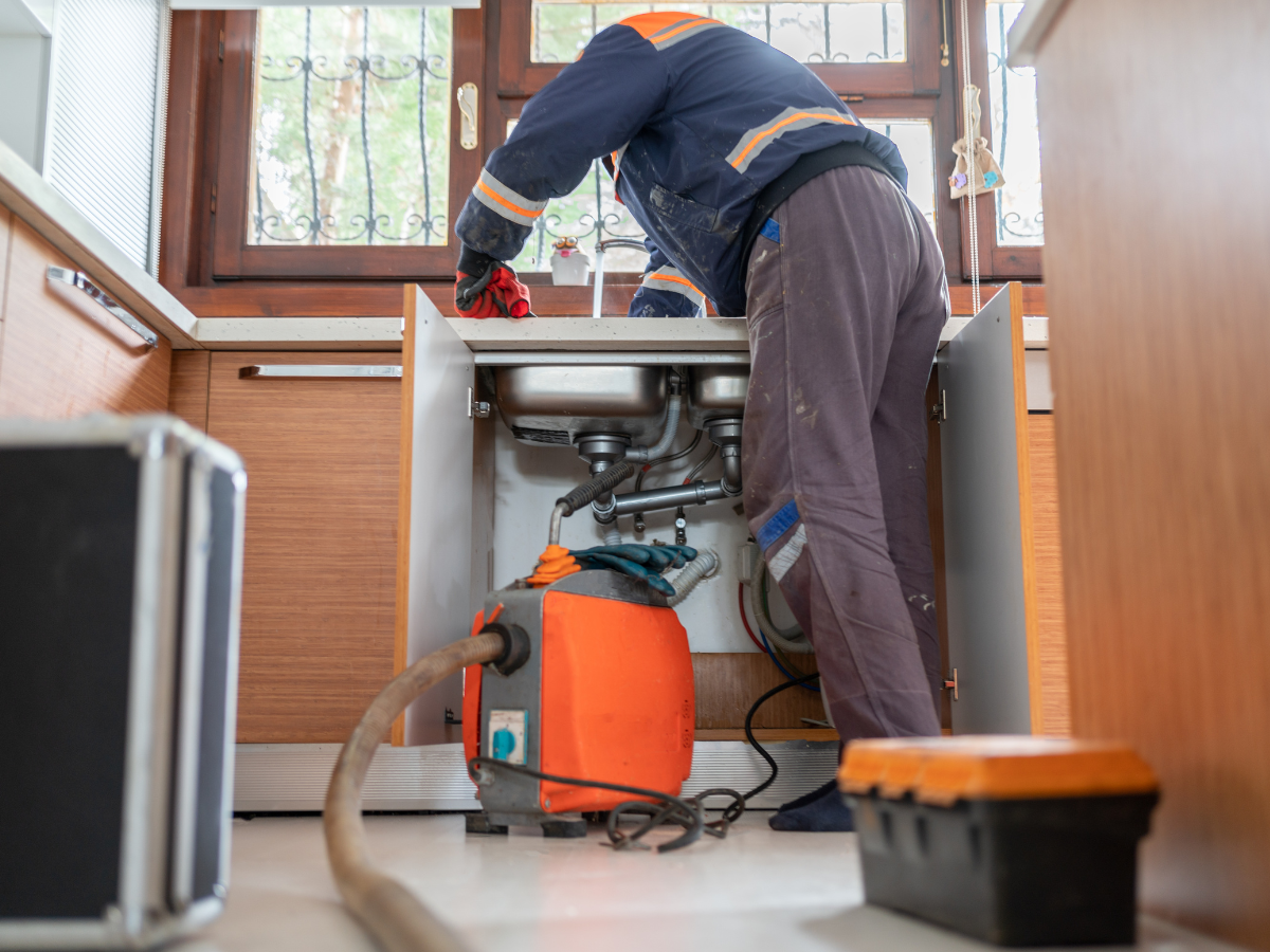 A plumber working under a kitchen sink, using a drain cleaning machine, with an open toolbox nearby.