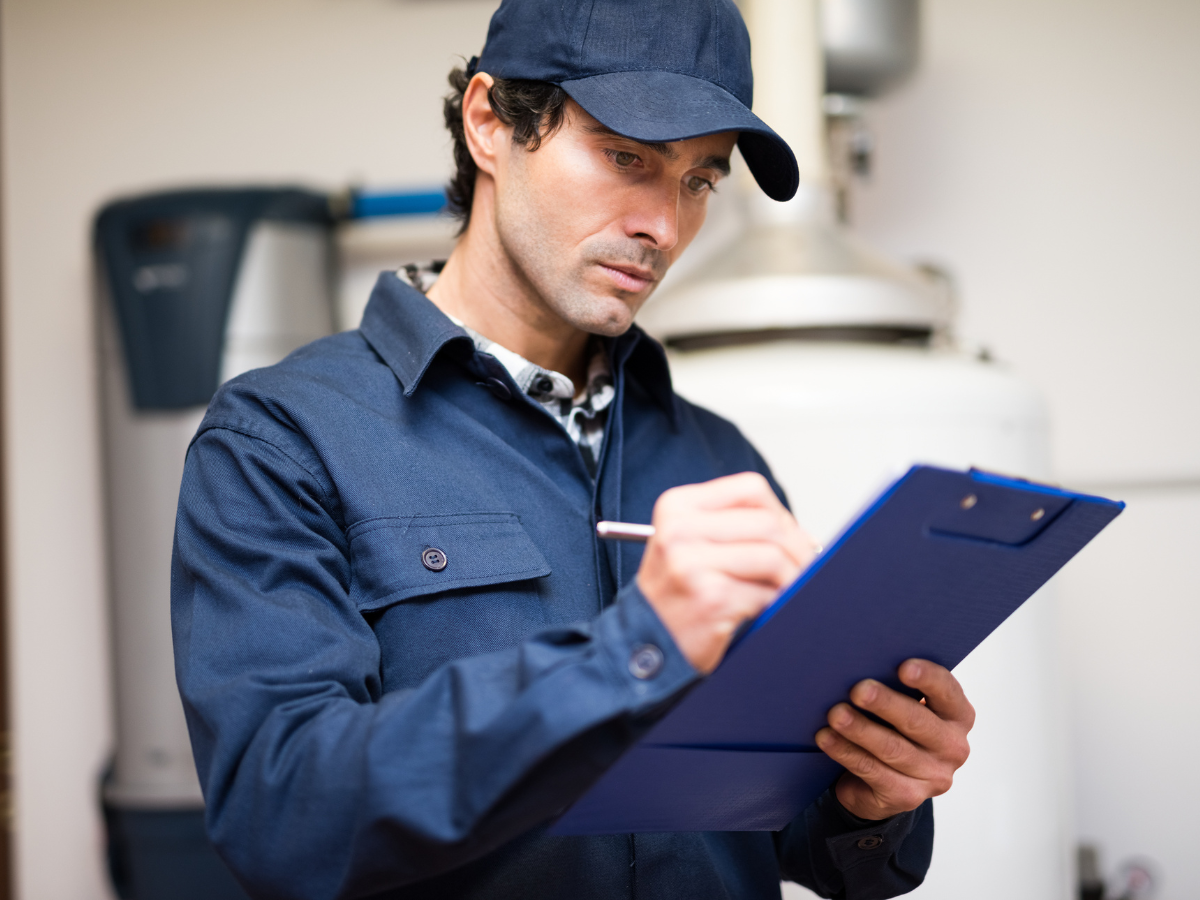 Man in blue uniform and cap inspecting equipment, writing on a clipboard.