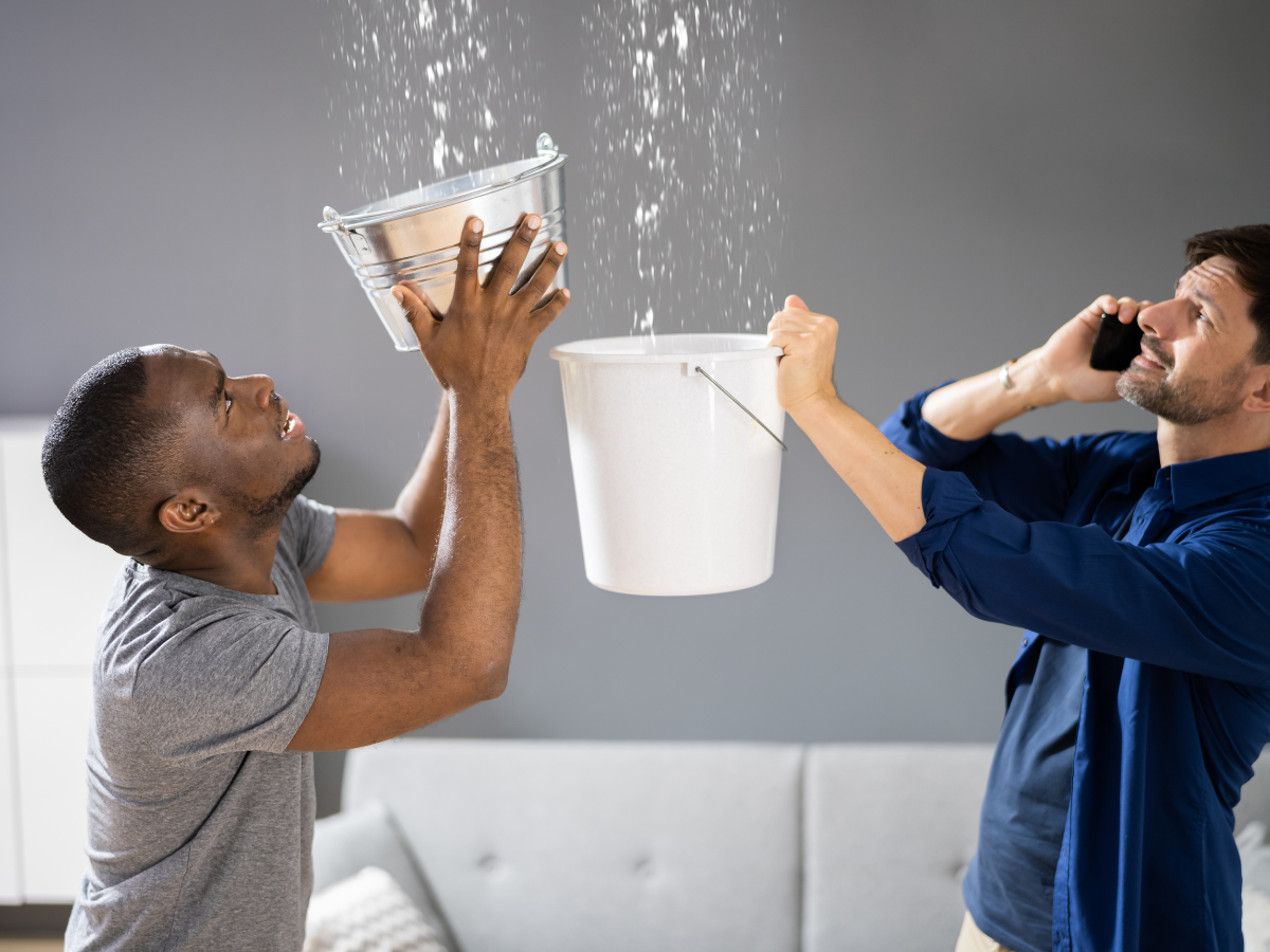 Two men catch water leaking from the ceiling: one holds a bucket, the other a container, one talks on the phone.