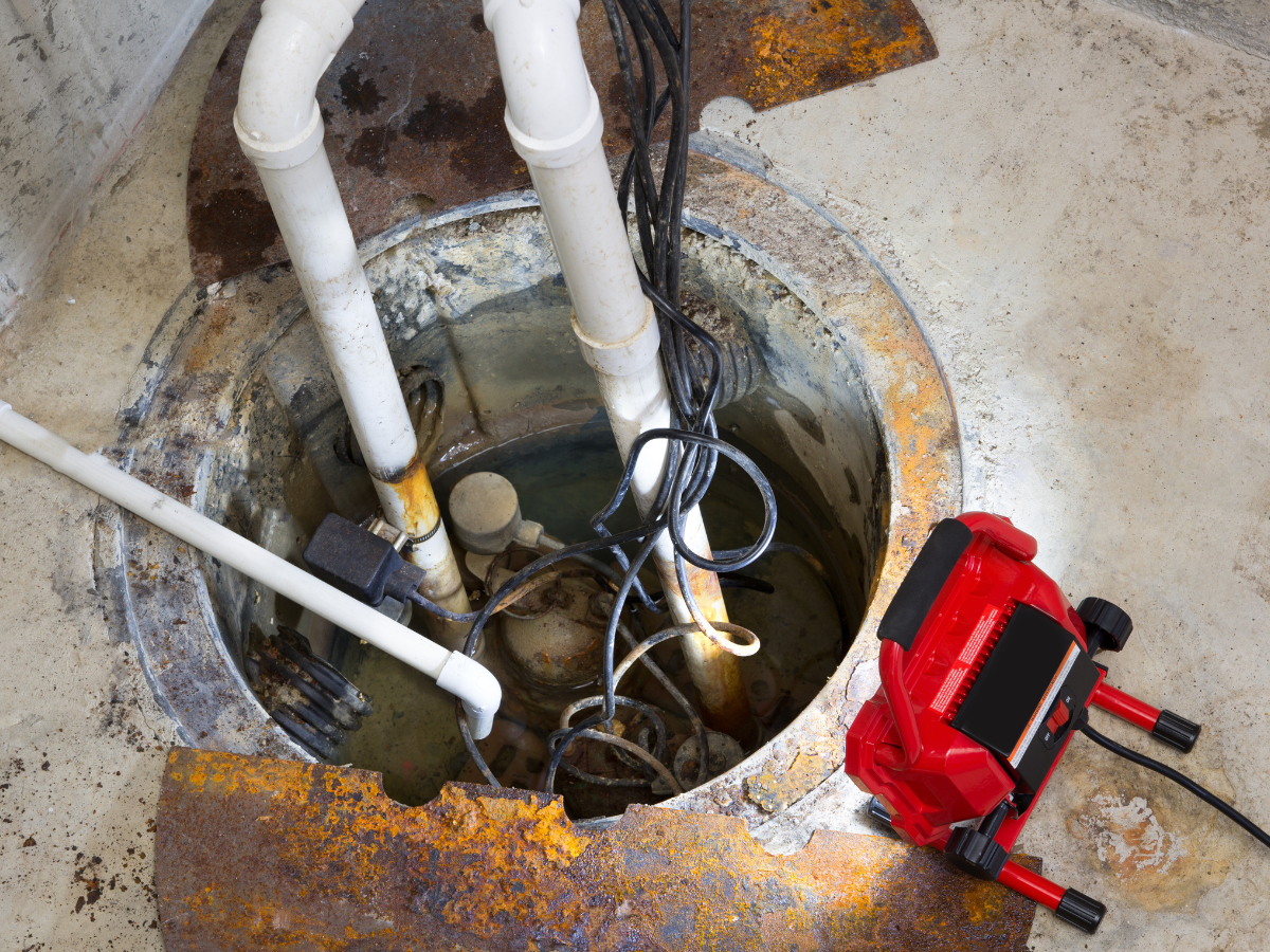 Sump pump in a pit, with pipes and a red work light; the pit's metal is rusted.