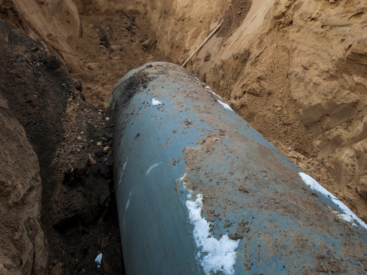 A gray pipe buried in a brown, sandy trench.