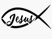 A black and white sticker of a fish with the word Jesus written on it.