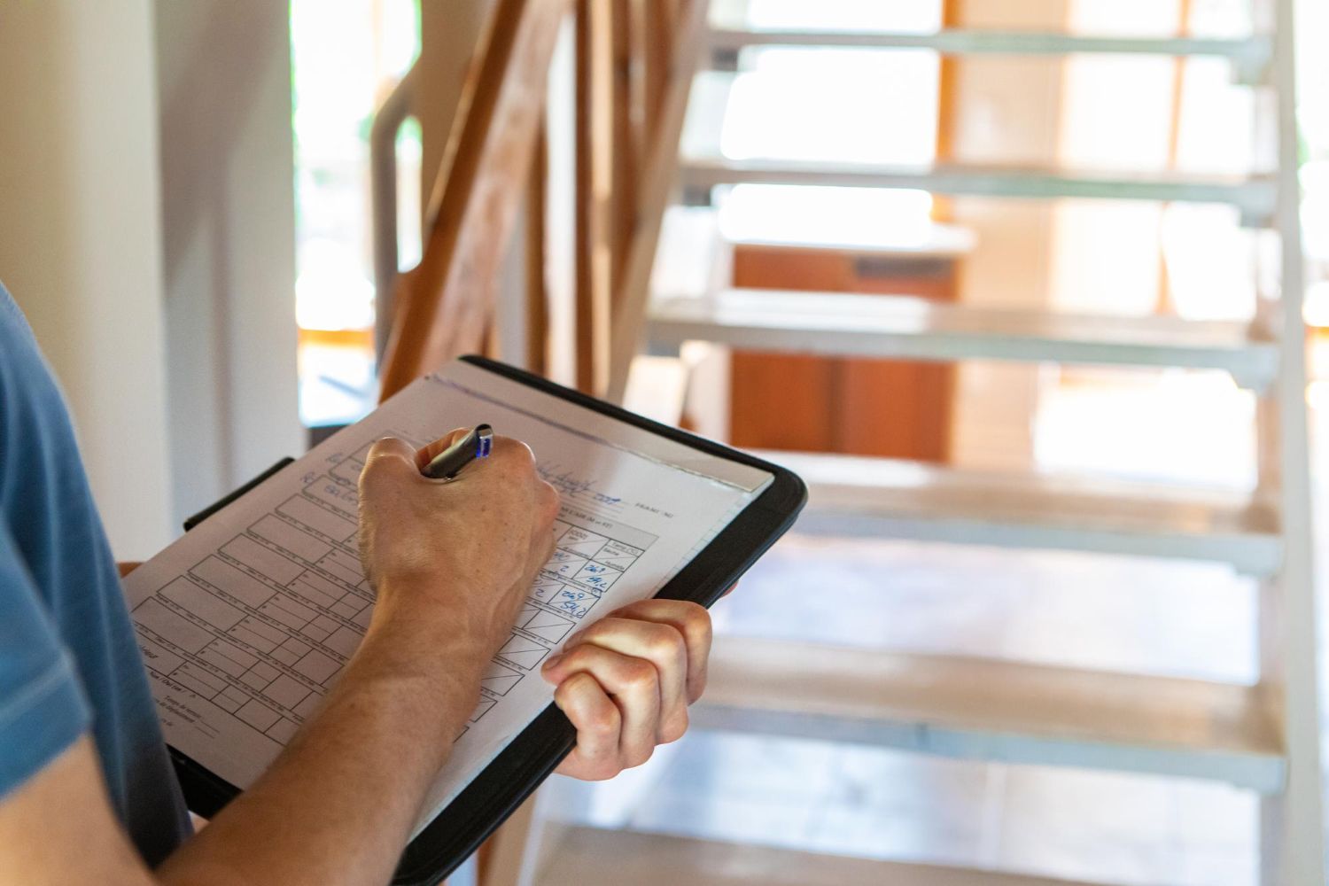 Person in blue shirt taking notes on clipboard by wooden staircase.