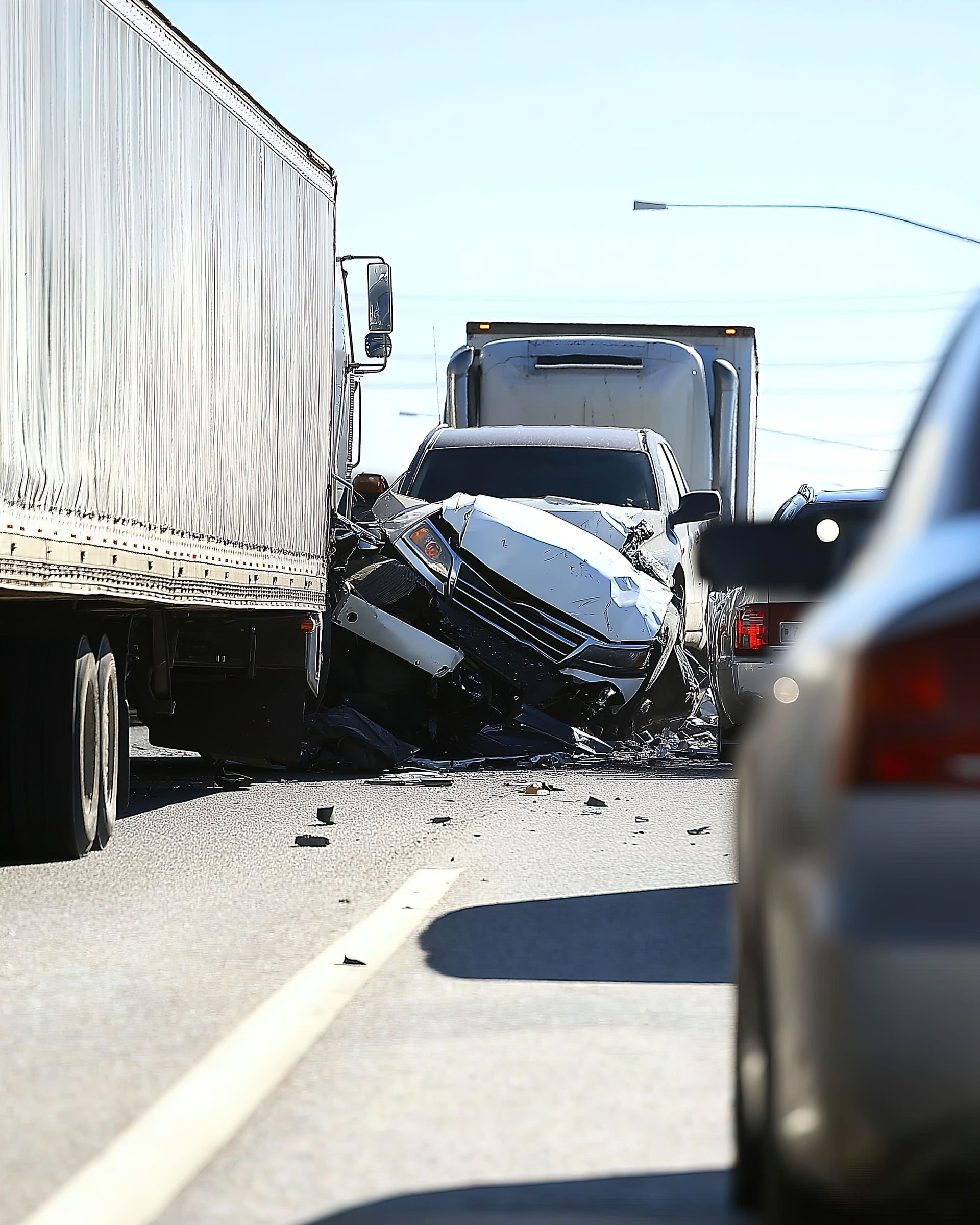 Car crushed between a semi-truck and other vehicles on a highway. Debris and damage visible.
