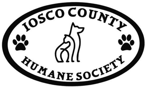 Logo for Iosco County Humane Society featuring a dog and cat silhouette between two paw prints in an oval frame.