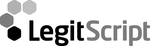 LegitScript logo with a cluster of gray hexagons and text 