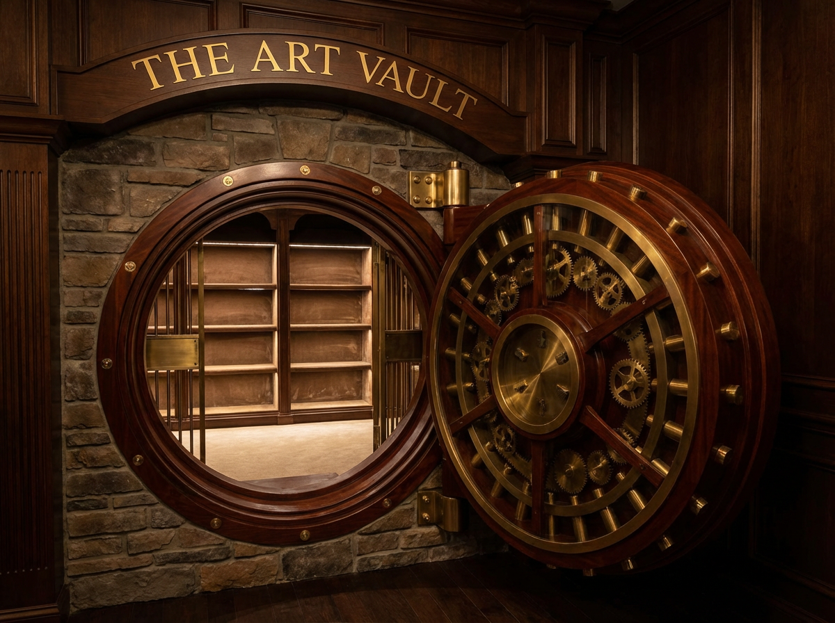 Open, ornate vault door labeled 