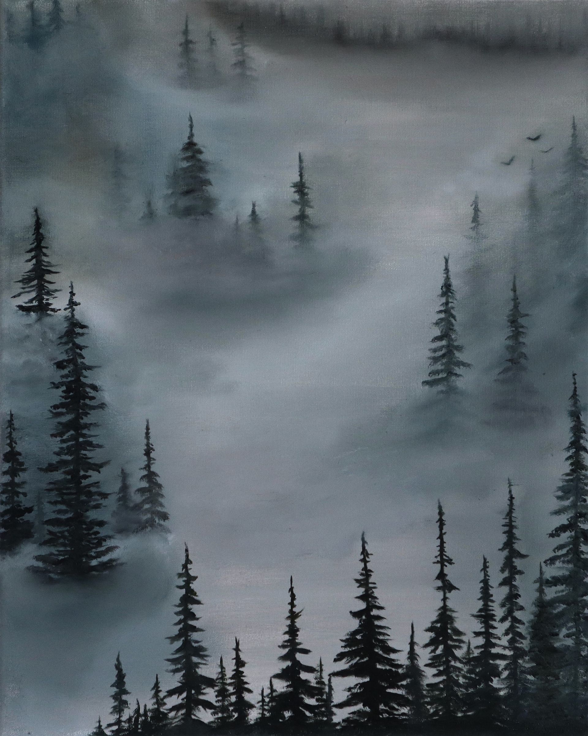 A painting of a foggy forest with trees in the foreground
