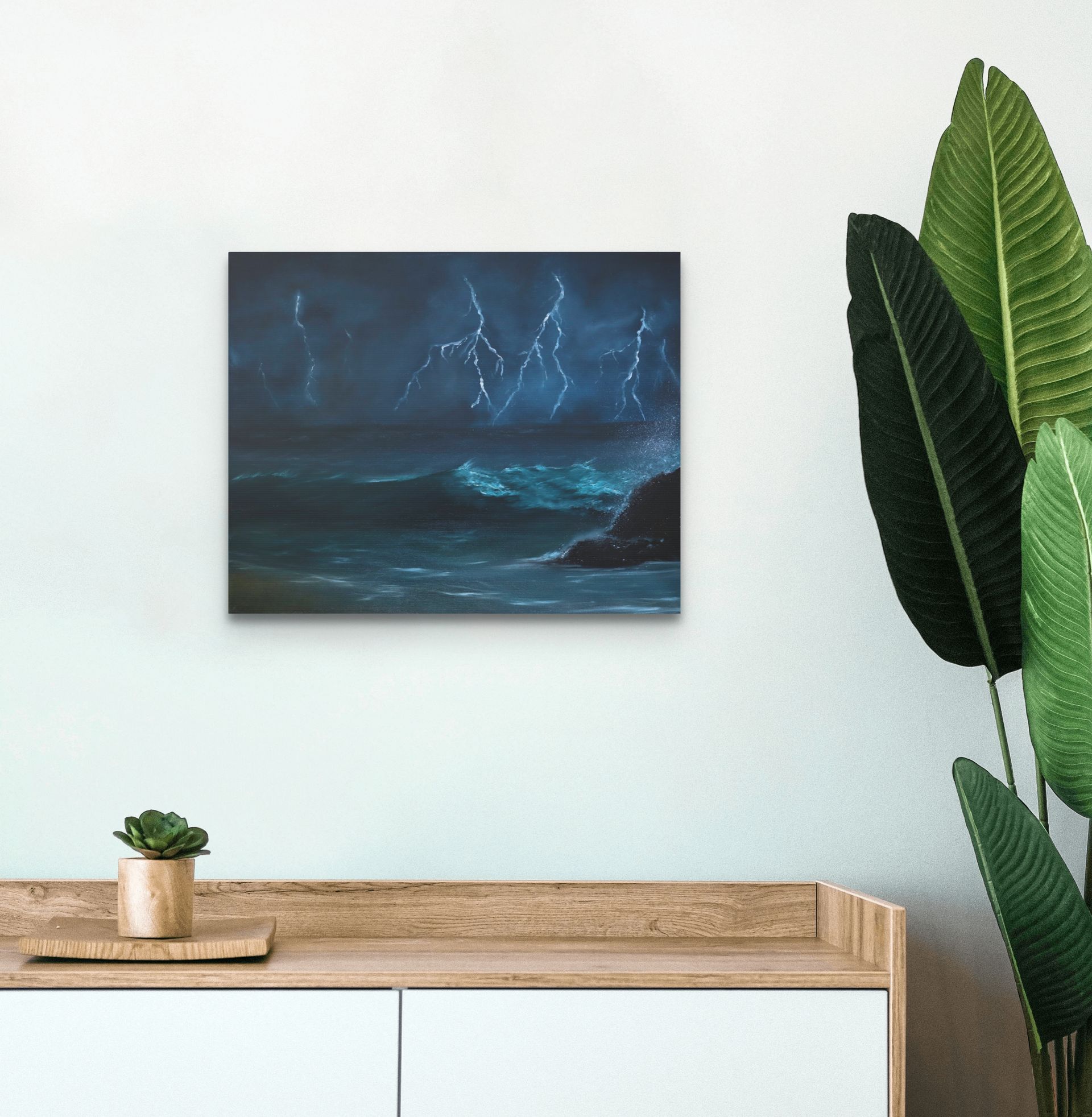 An empty room with a painting on the wall