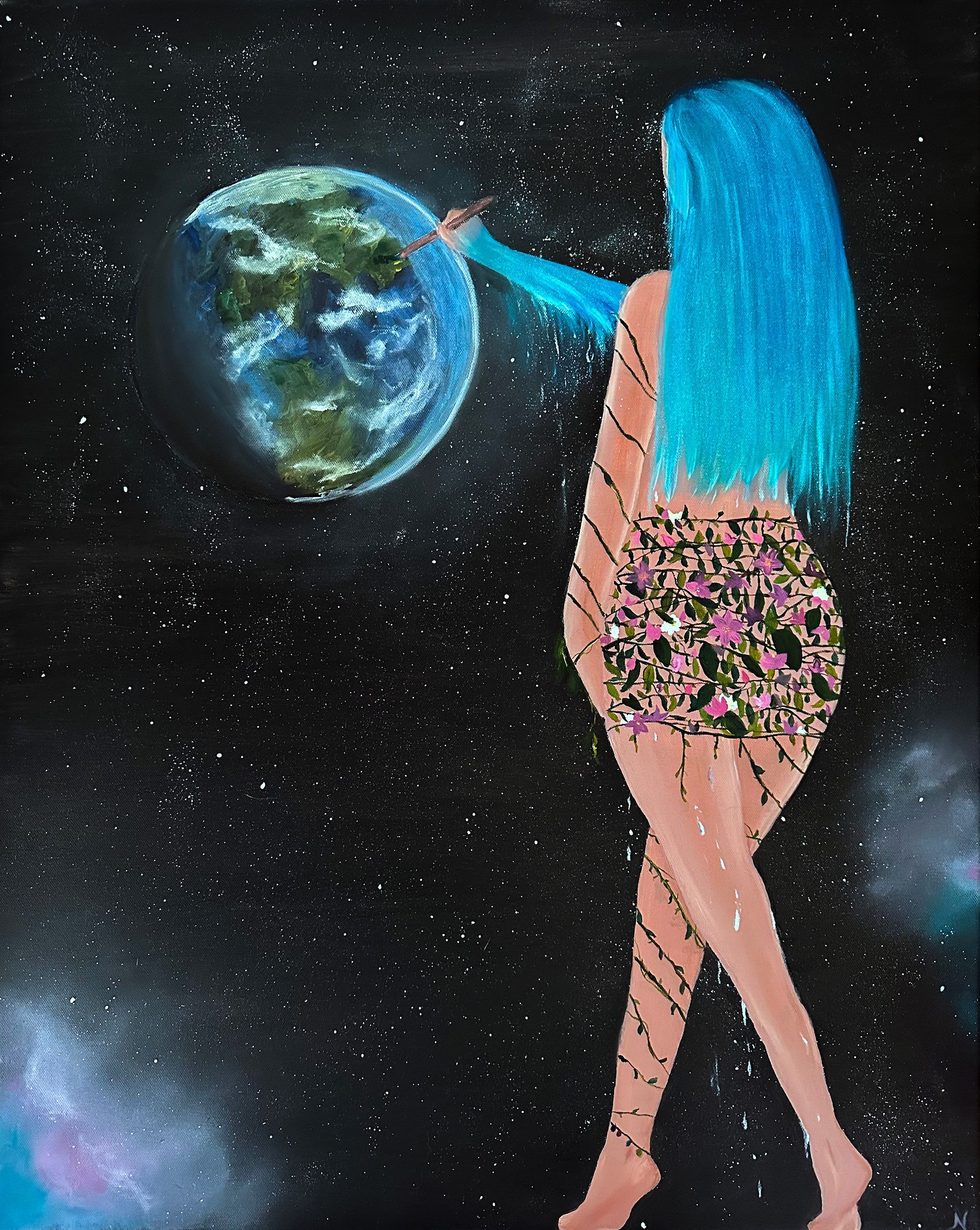 A painting of a woman with blue hair pointing at the earth