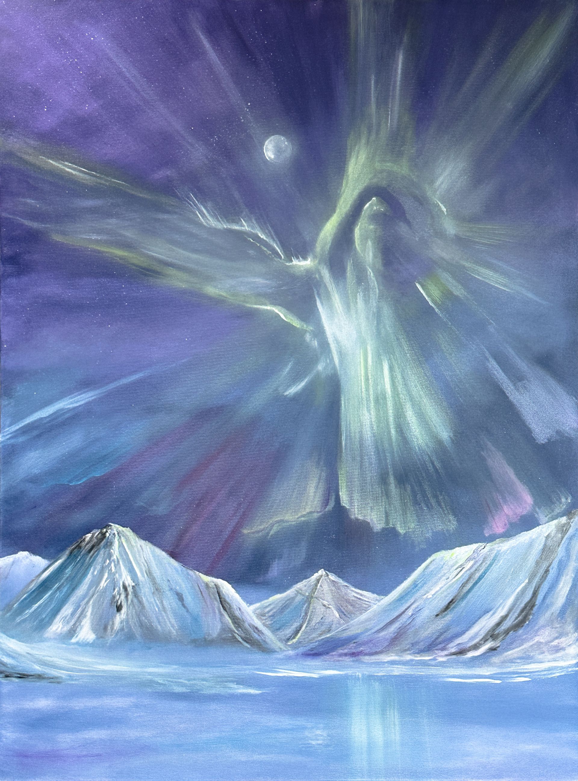 A painting of the aurora borealis over a mountain range