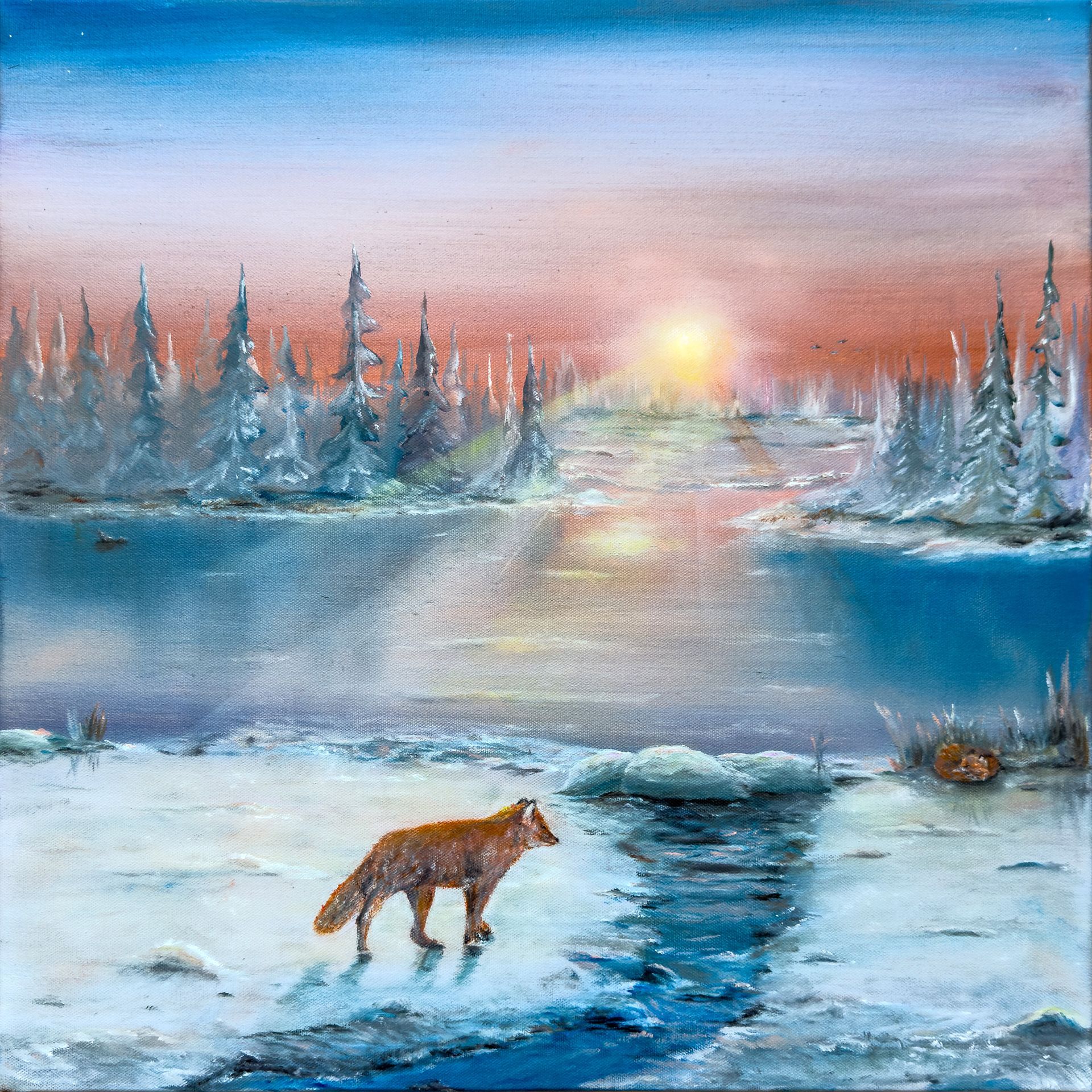 A painting of a moose walking through a forest