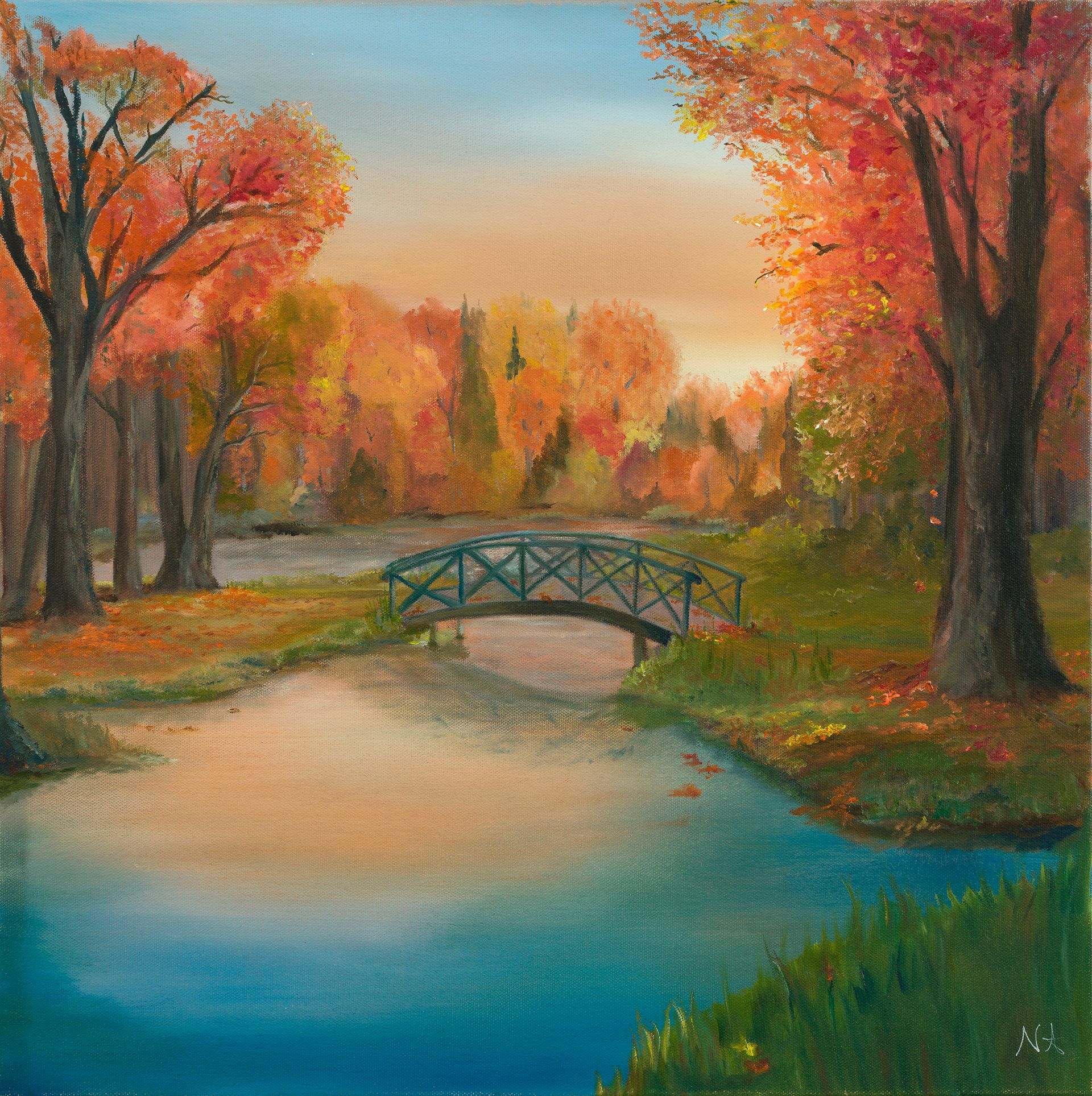 Autumn landscape with a small bridge over a calm river, framed by colorful trees and a glowing sunset.