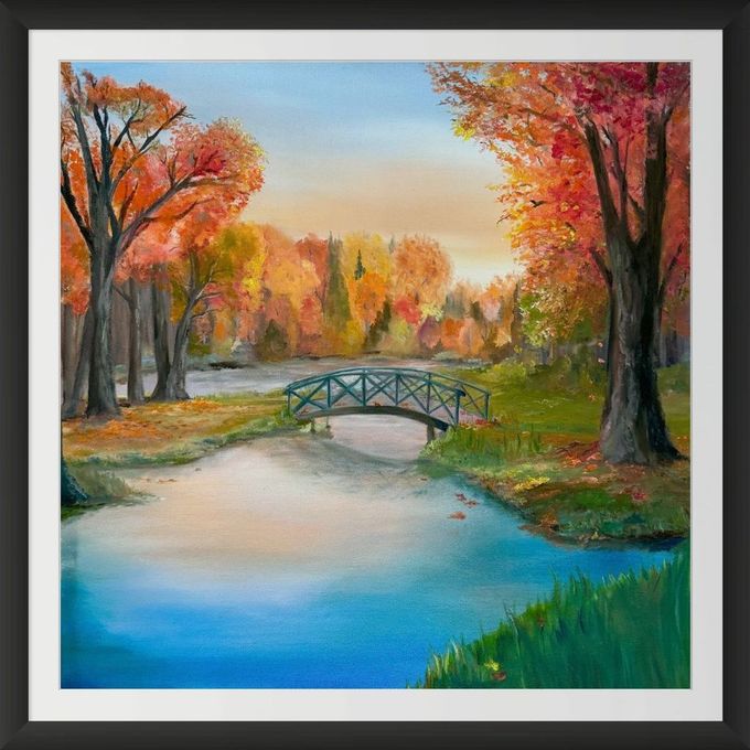 A painting of a bridge over a river in a park