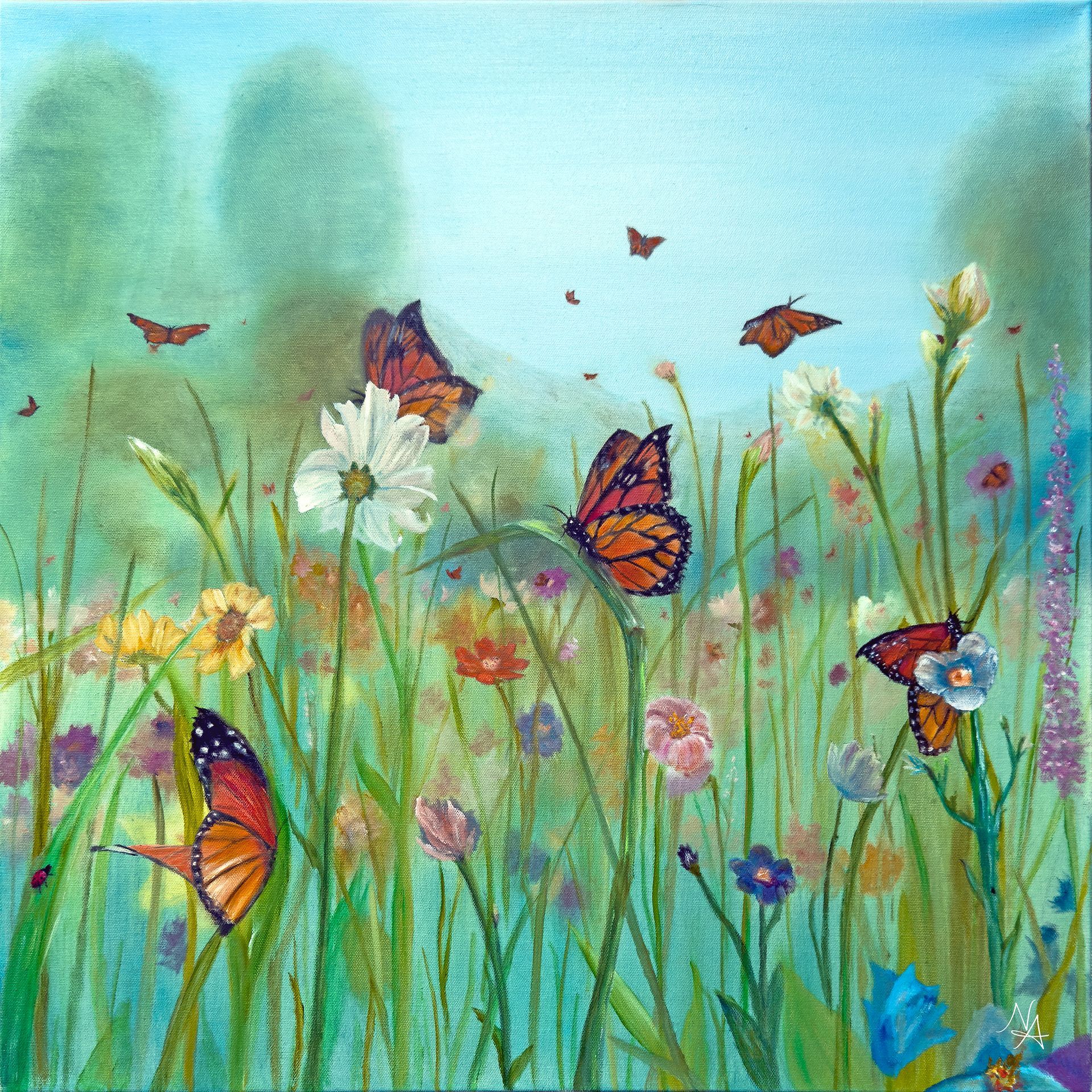 A painting of flowers and birds in a pond