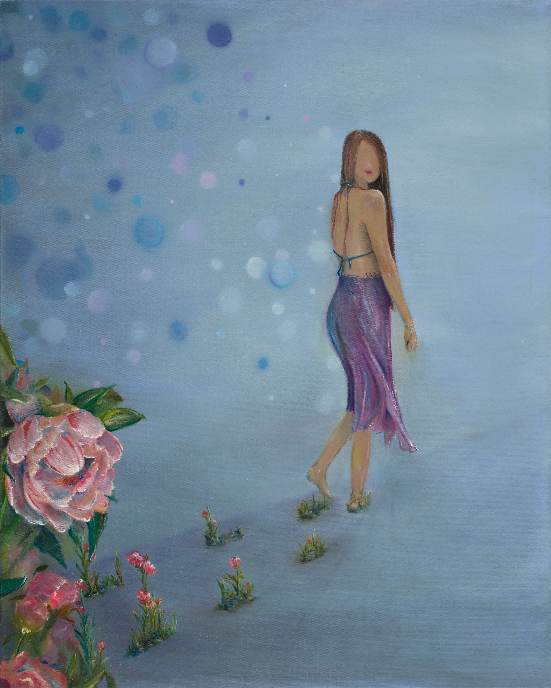 A painting of a woman in a purple dress walking and having to pink  peony flowers grow from her footsteps.