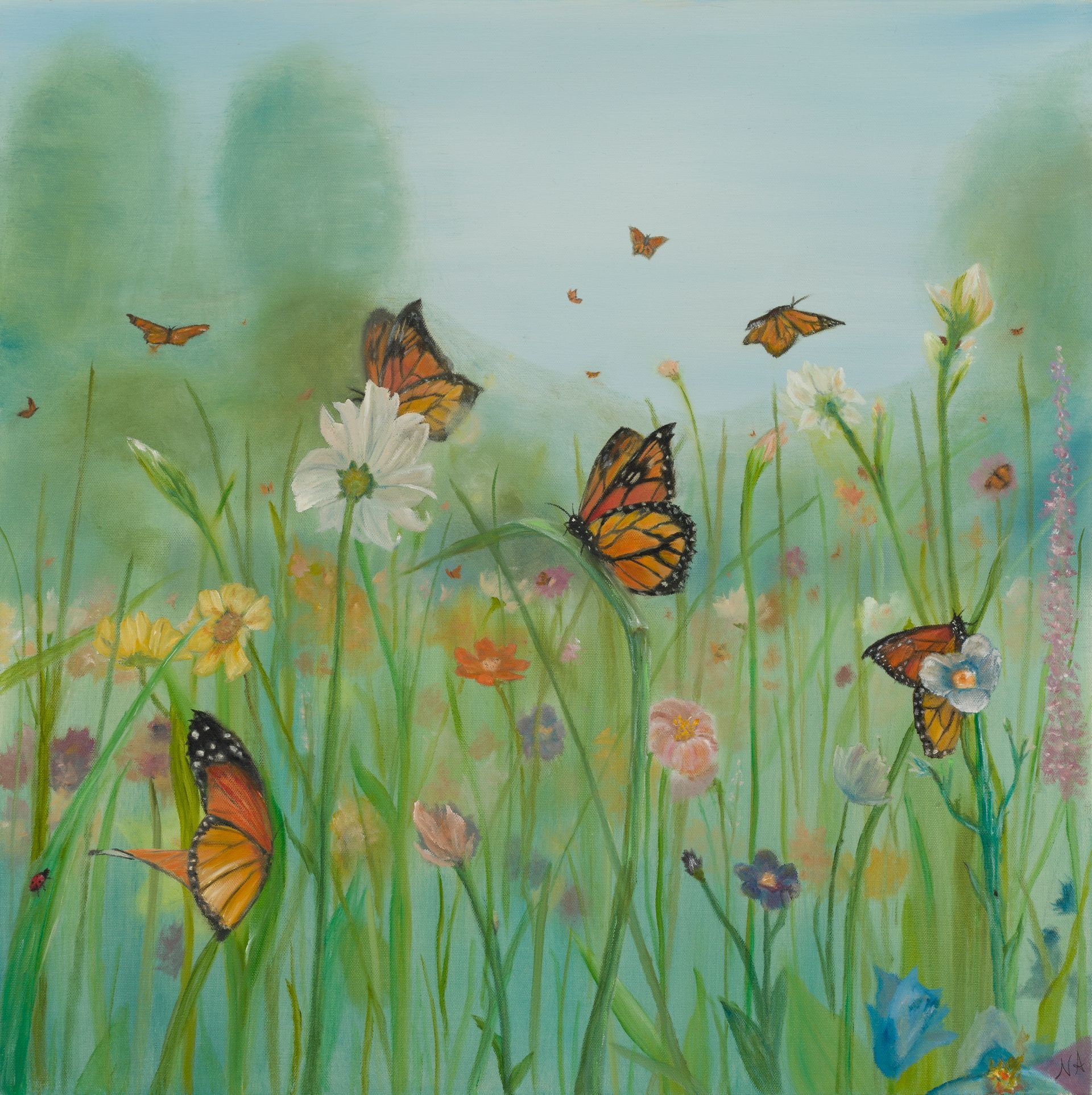 A painting of butterflies in a field of flowers