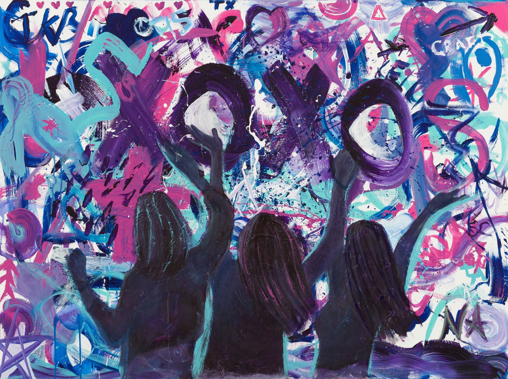 A painting of three women with their arms in the air