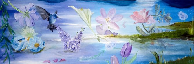 painting of flowers and hummingbird relecting upon a serene blue and purple lake.