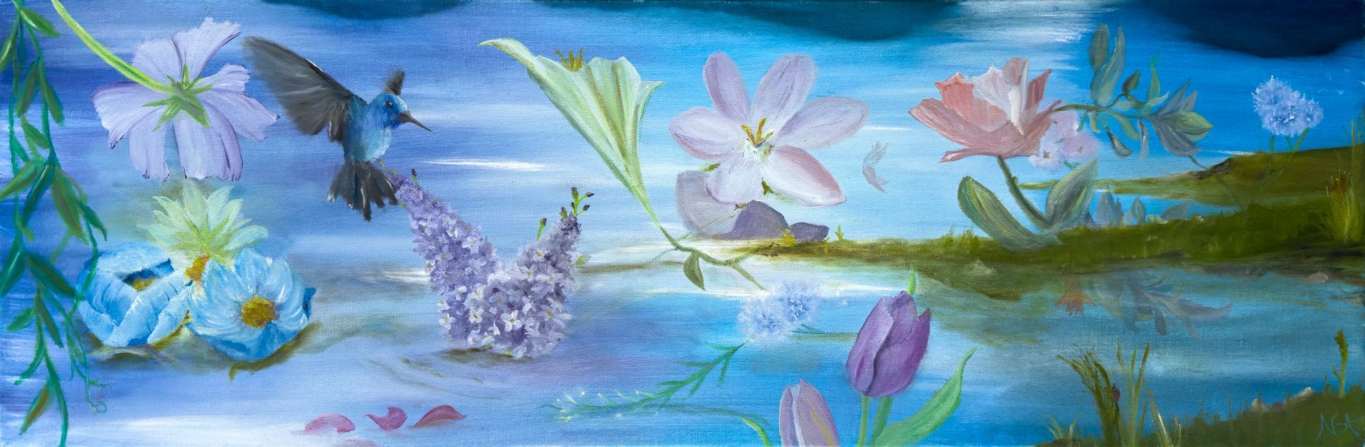 A painting of flowers and birds in a pond