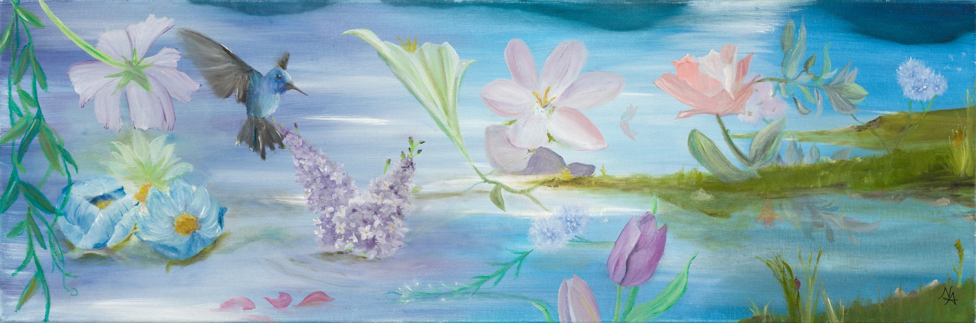 Pastel watercolor garden with butterflies, dragonflies, flowers, and a pond under a blue sky