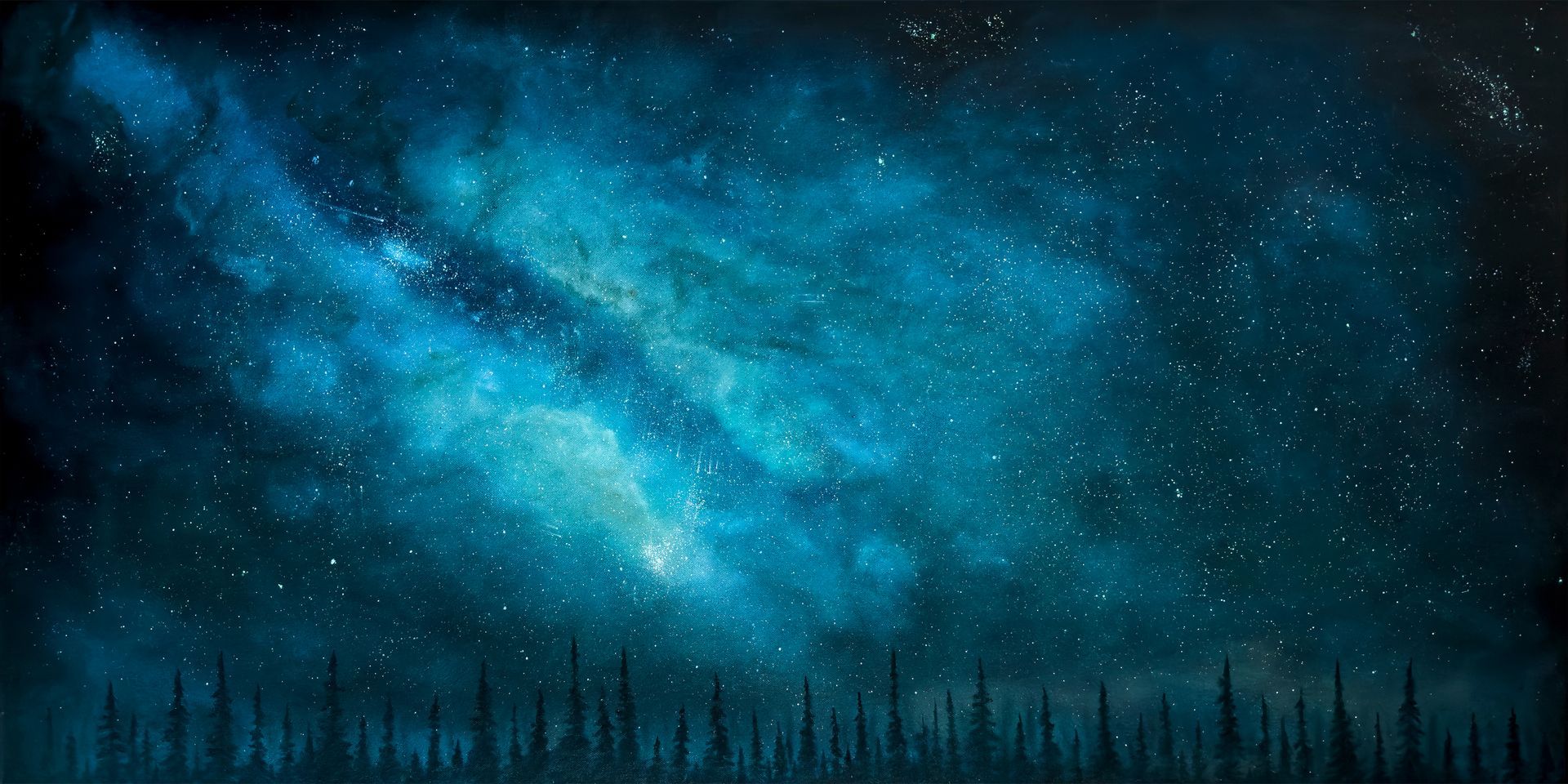 Starry blue night sky above a dark forest silhouette