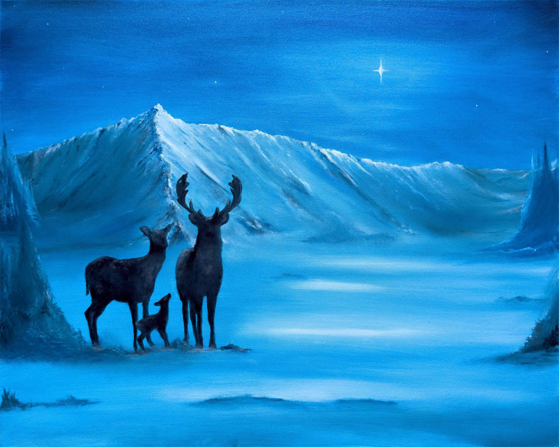 A painting of three deer under the North Star in a snowy landscape.