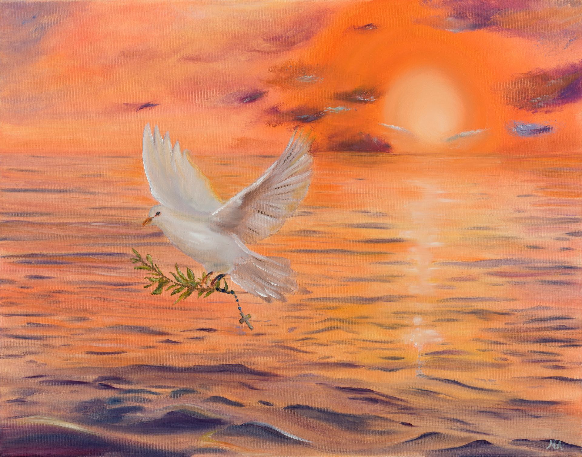 White dove with olive branch flies and rosary over ocean at sunset.